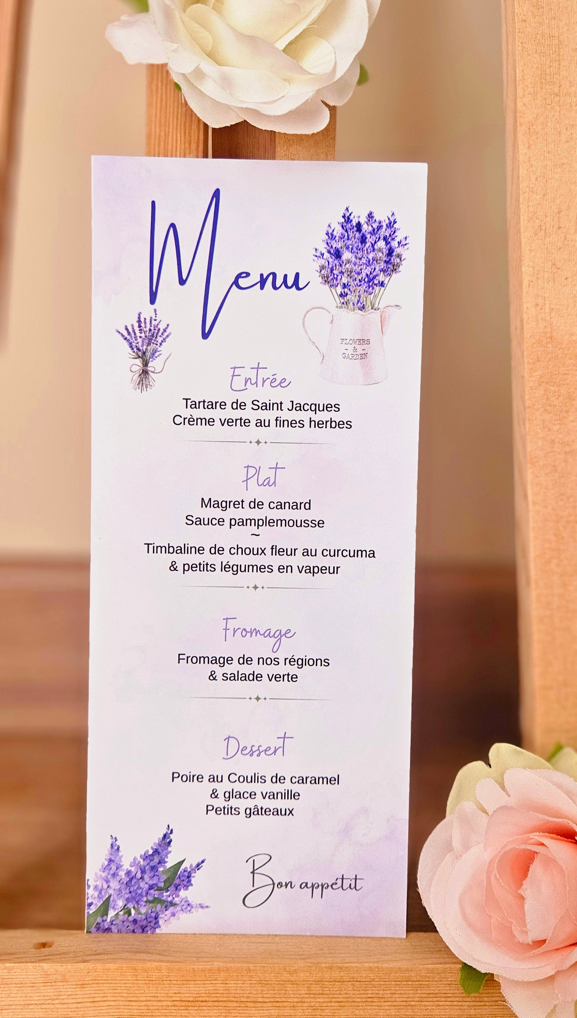 Menu événementiel – Thème Lavande | Format 21×9 cm | Papier rigide 230g