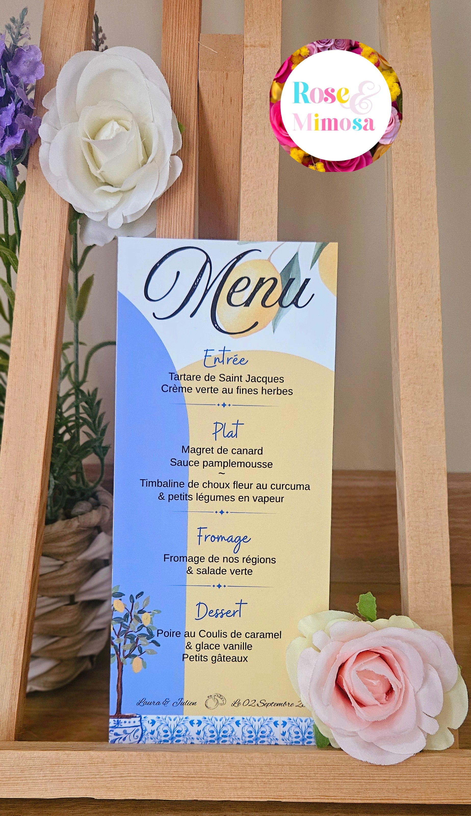 🍋 Menu de table personnalisé – Thème méditerranéen citron & azulejos | 21 x 10 cm