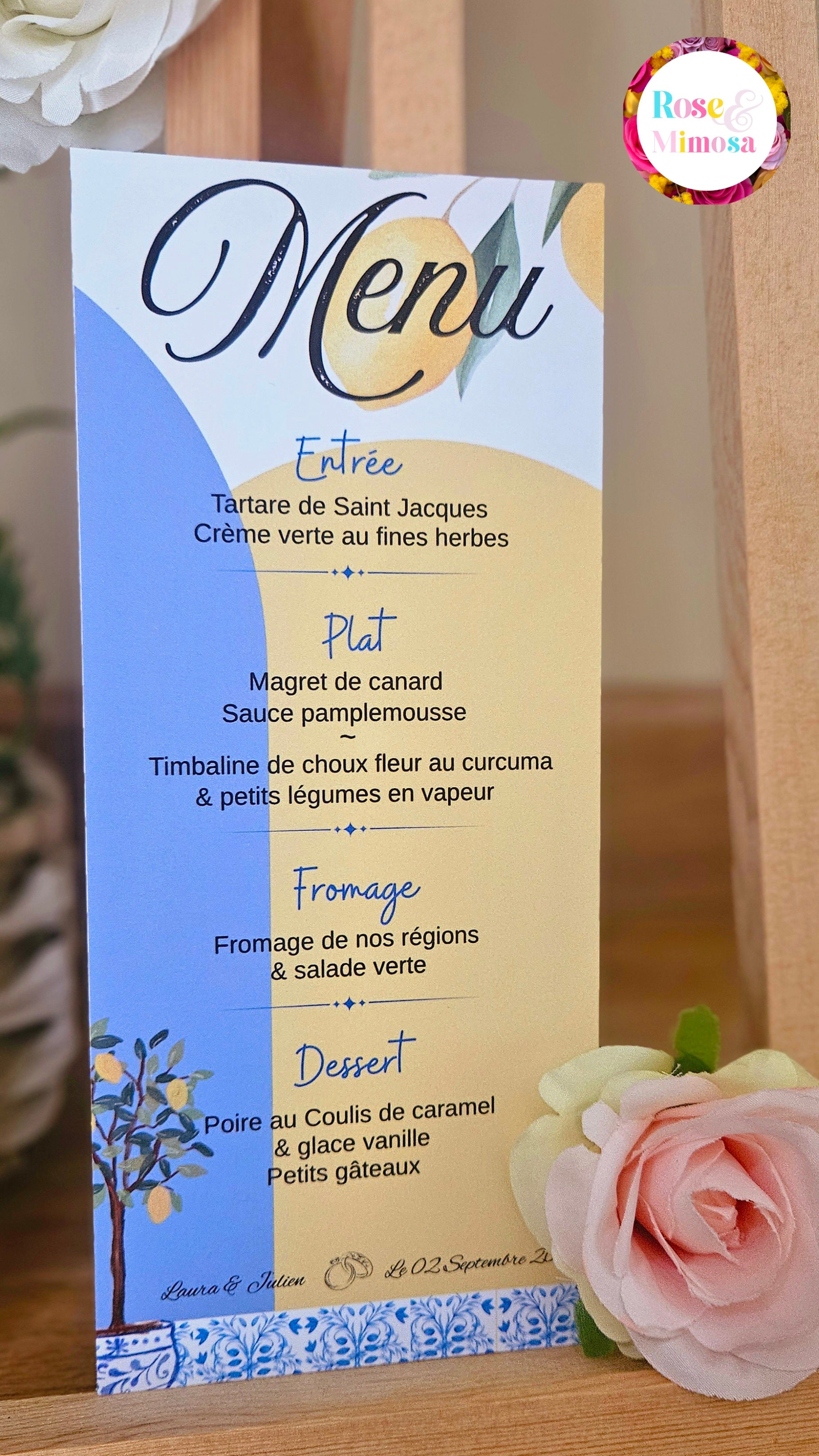🍋 Menu de table personnalisé – Thème méditerranéen citron & azulejos | 21 x 10 cm