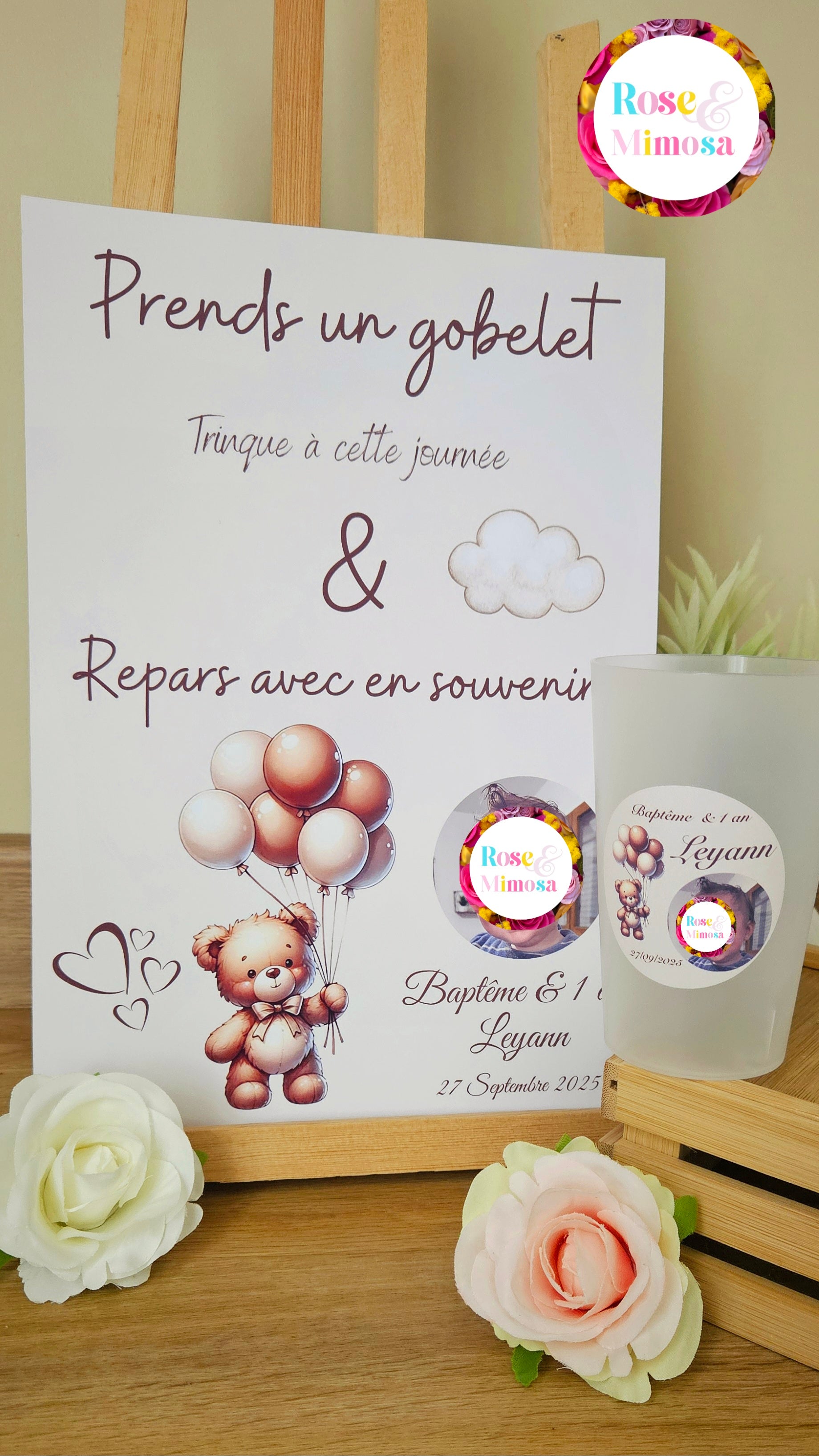 Gobelet Baptême & 1 An Personnalisé – Ourson Ballons + Photo (25 cl)