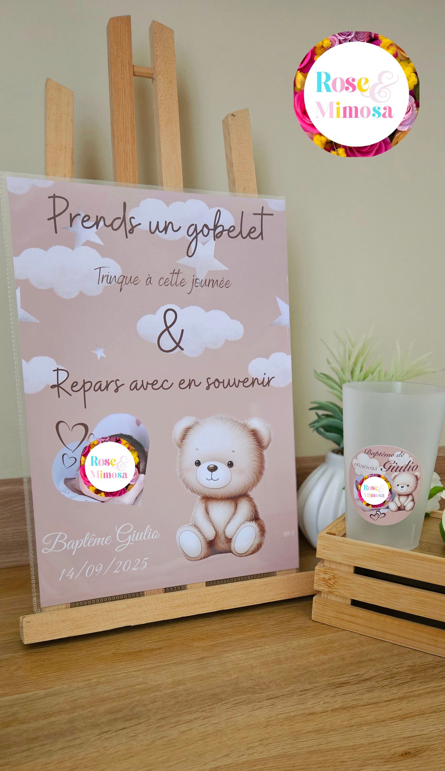Gobelet Baptême Personnalisé – Ourson & Nuages avec Photo (25 cl)