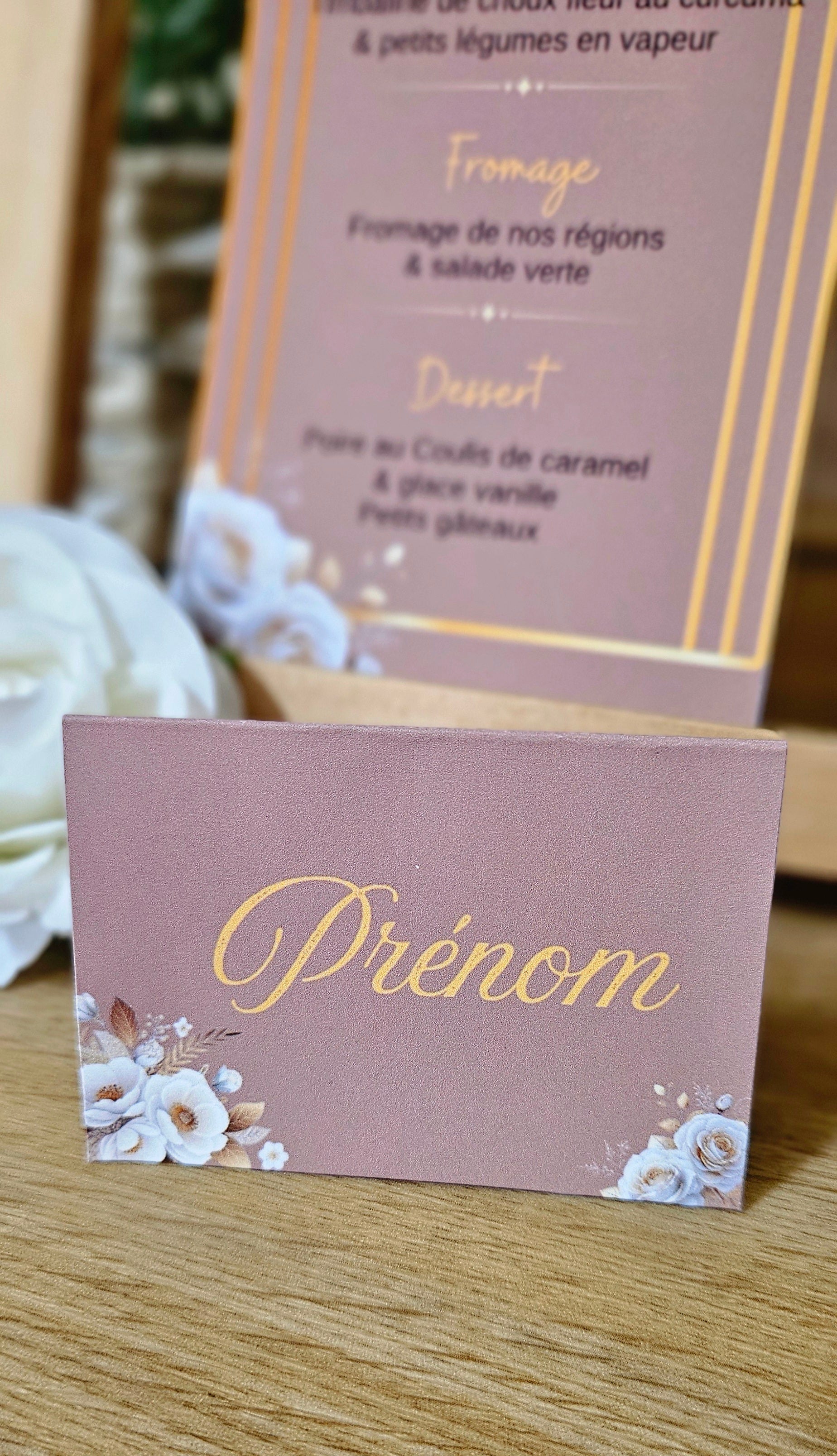 🌸 Menu de table personnalisé – Thème floral rose poudré & doré | 21 x 10 cm