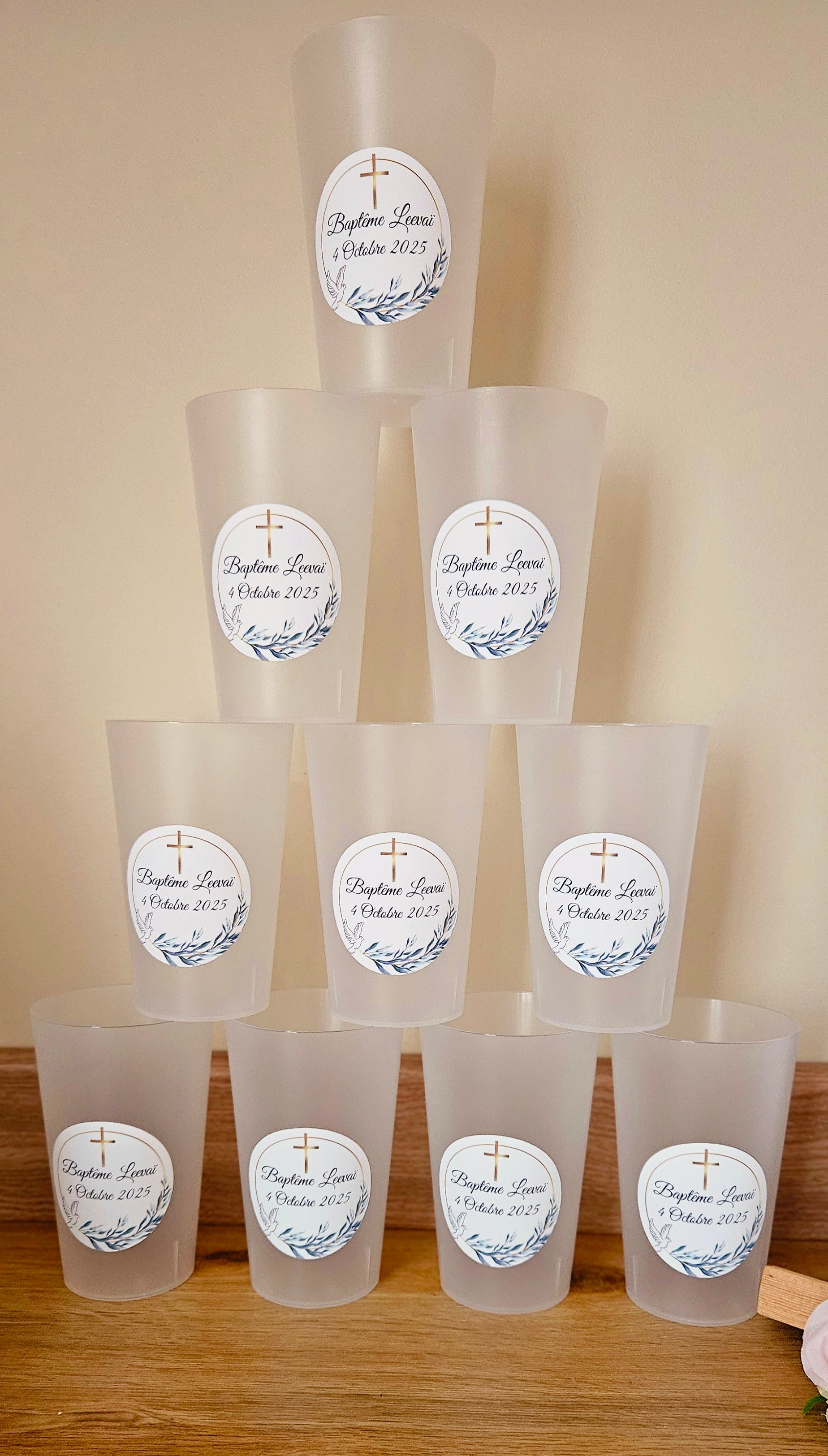 Gobelet Baptême Personnalisé – Croix Dorée, Colombe & Feuillage (25 cl)