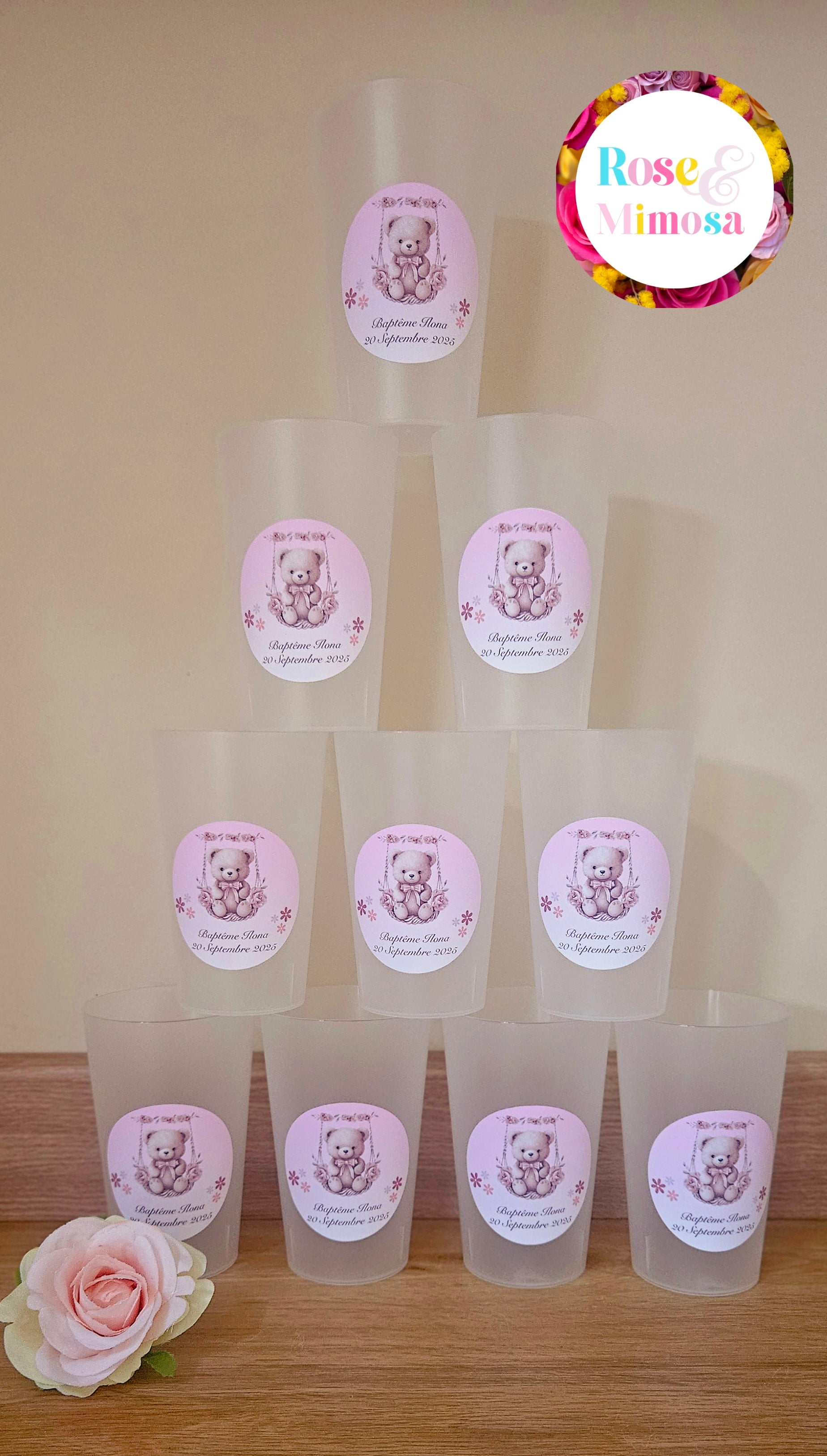 Gobelet Baptême Personnalisé – Ourson Fille (25 cl)