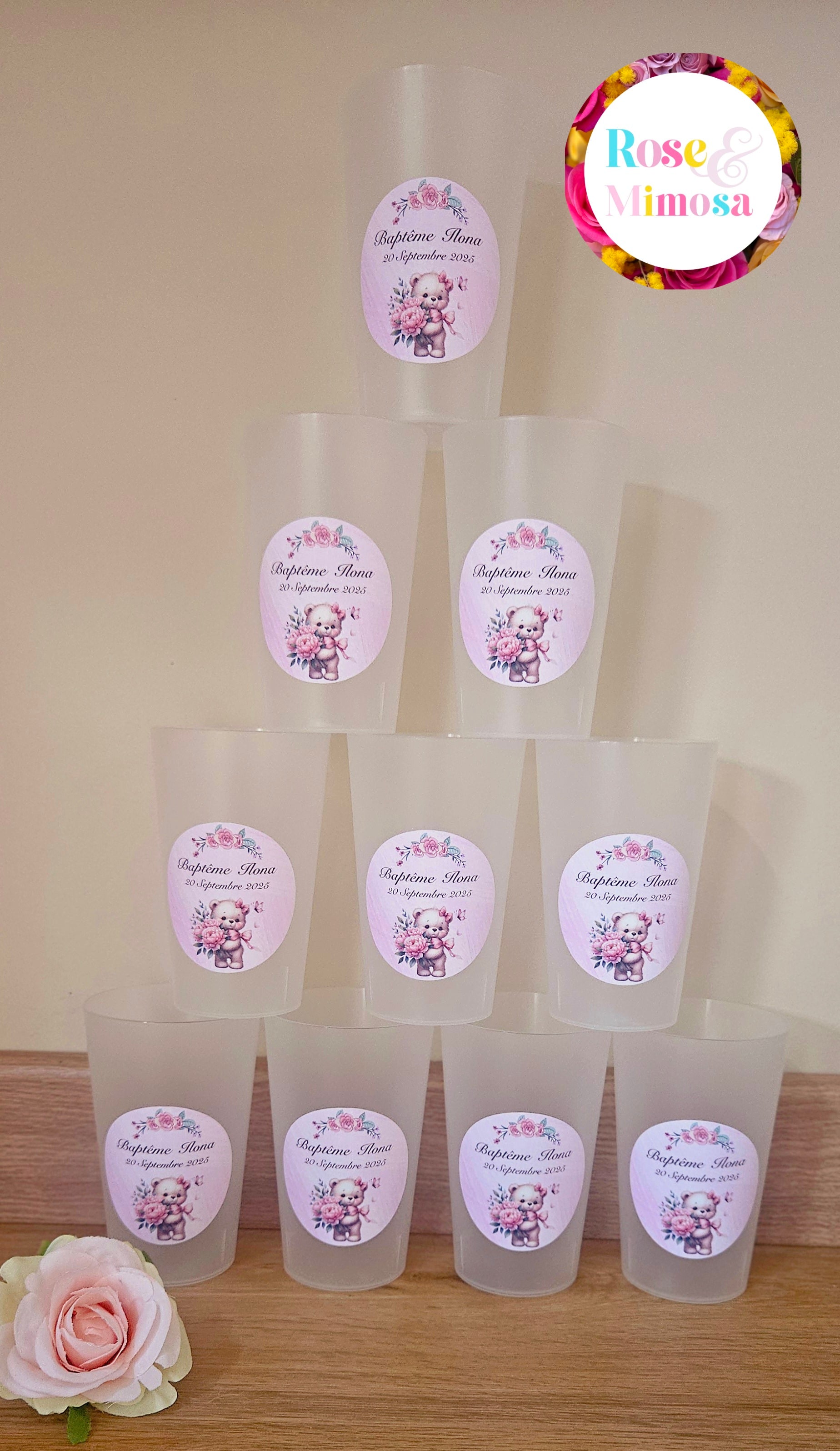 Gobelet Baptême Personnalisé – Ourson Bouquet & Papillon (25 cl)