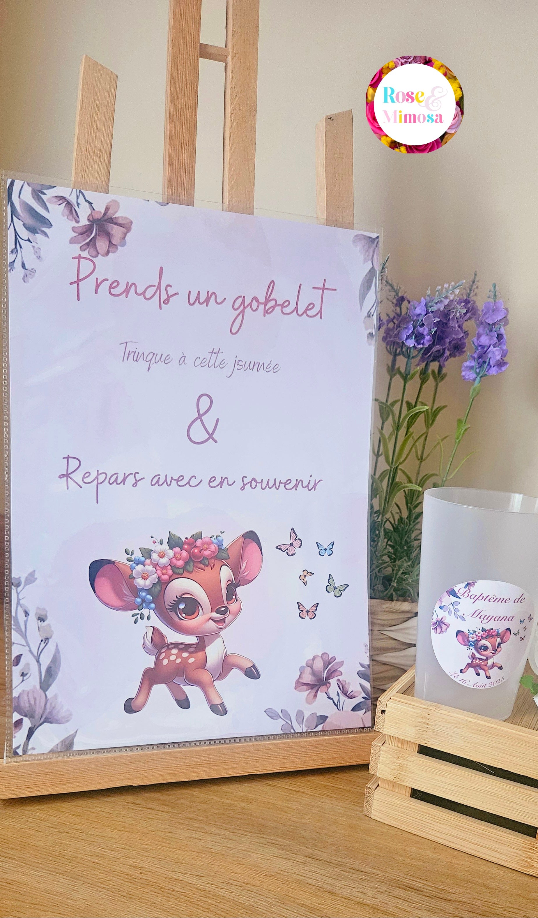 Gobelet Baptême Personnalisé – Faon Fleuri & Papillons (25 cl)