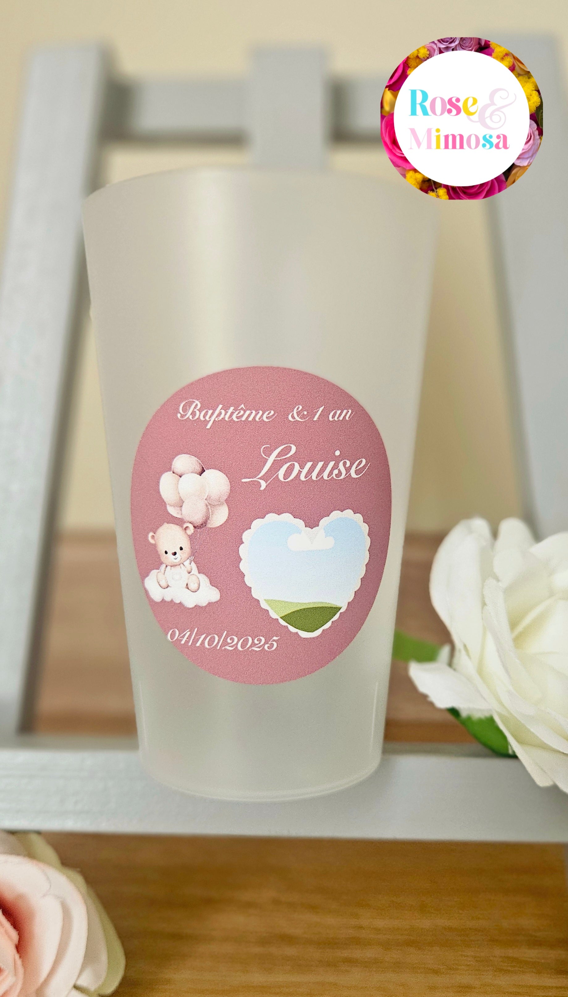 Gobelet Baptême & 1 An Personnalisé – Ours & Ballons Rose (25 cl)