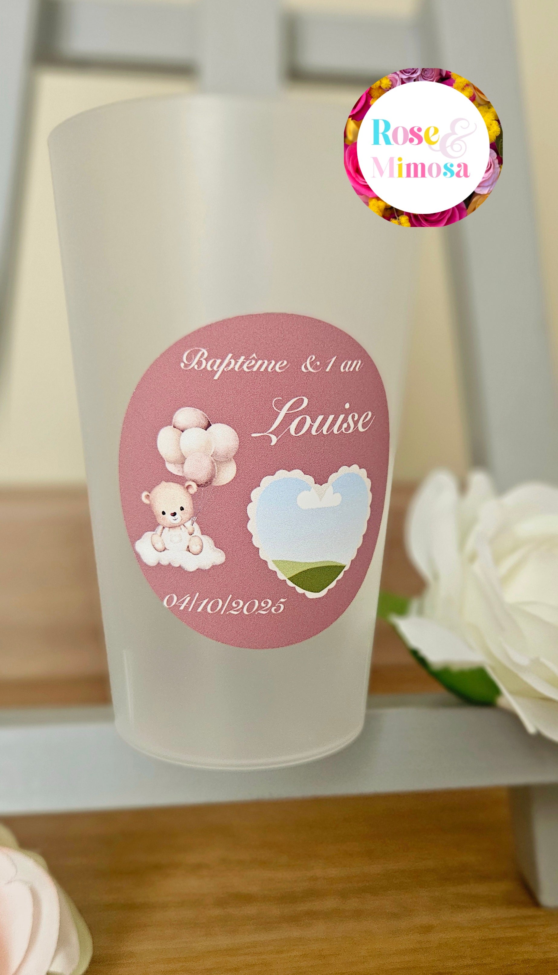 Gobelet Baptême & 1 An Personnalisé – Ours & Ballons Rose (25 cl)