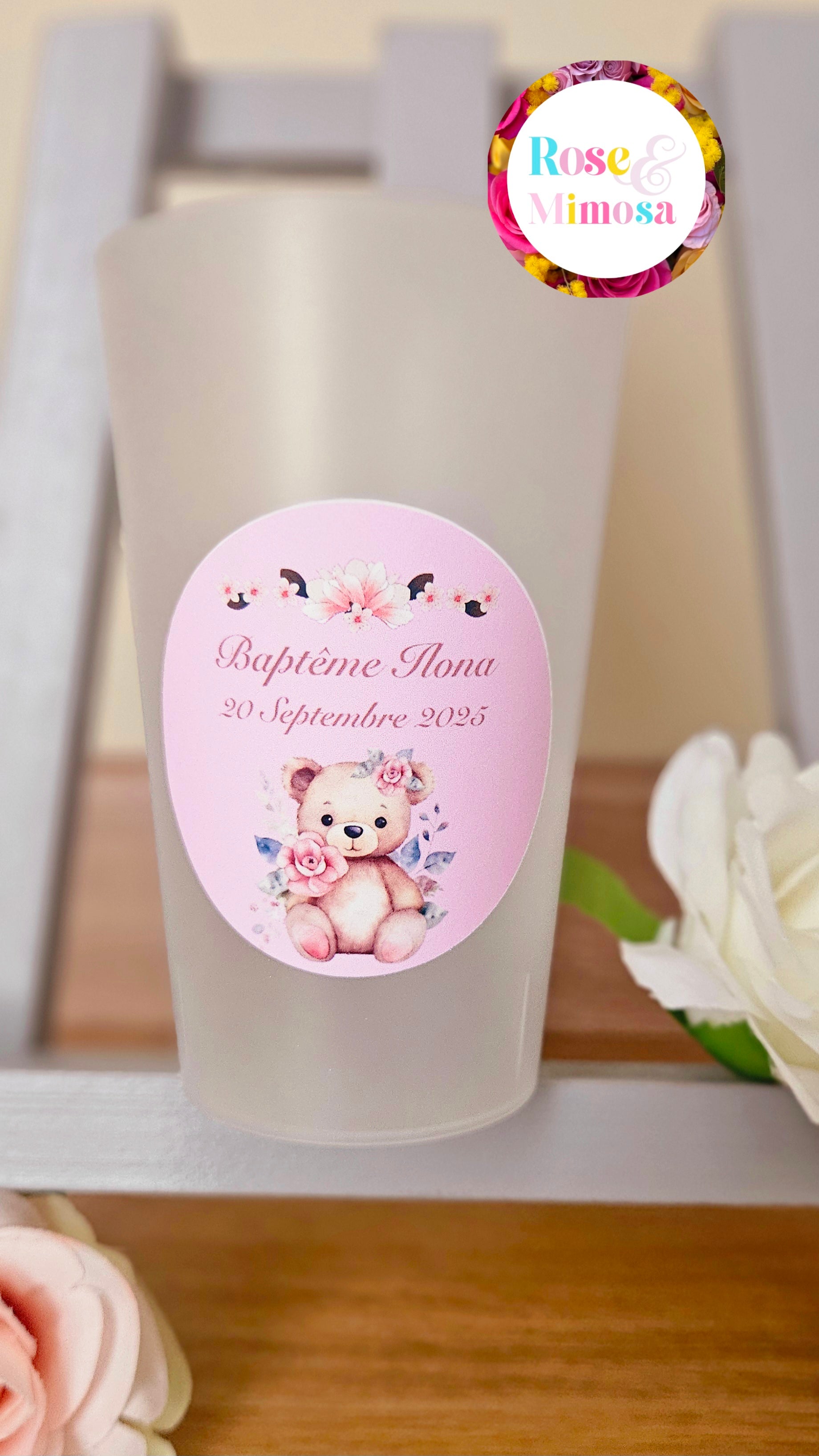 Gobelet Baptême Personnalisé – Ours & Fleurs Roses (25 cl)