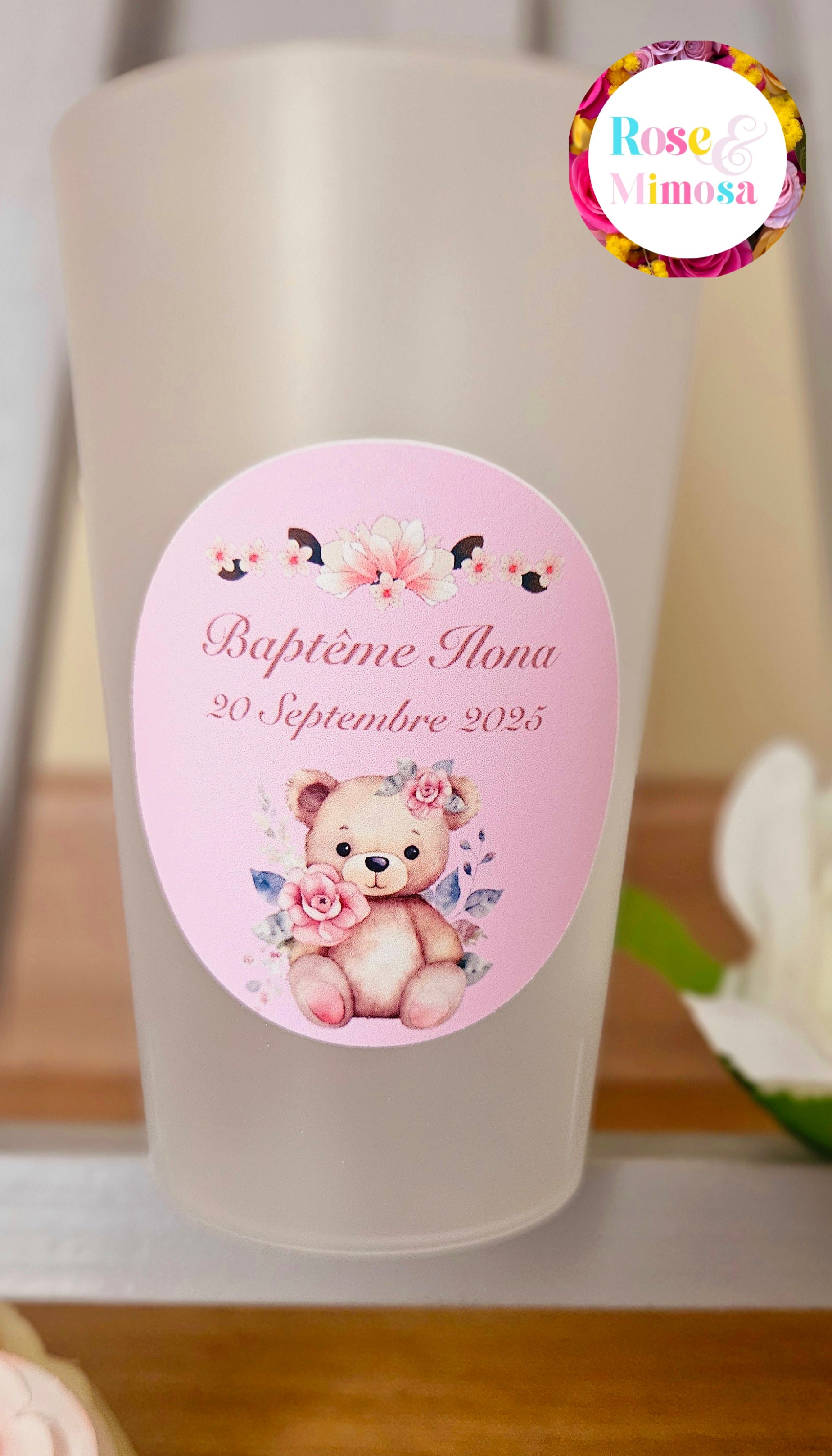 Gobelet Baptême Personnalisé – Ours & Fleurs Roses (25 cl)