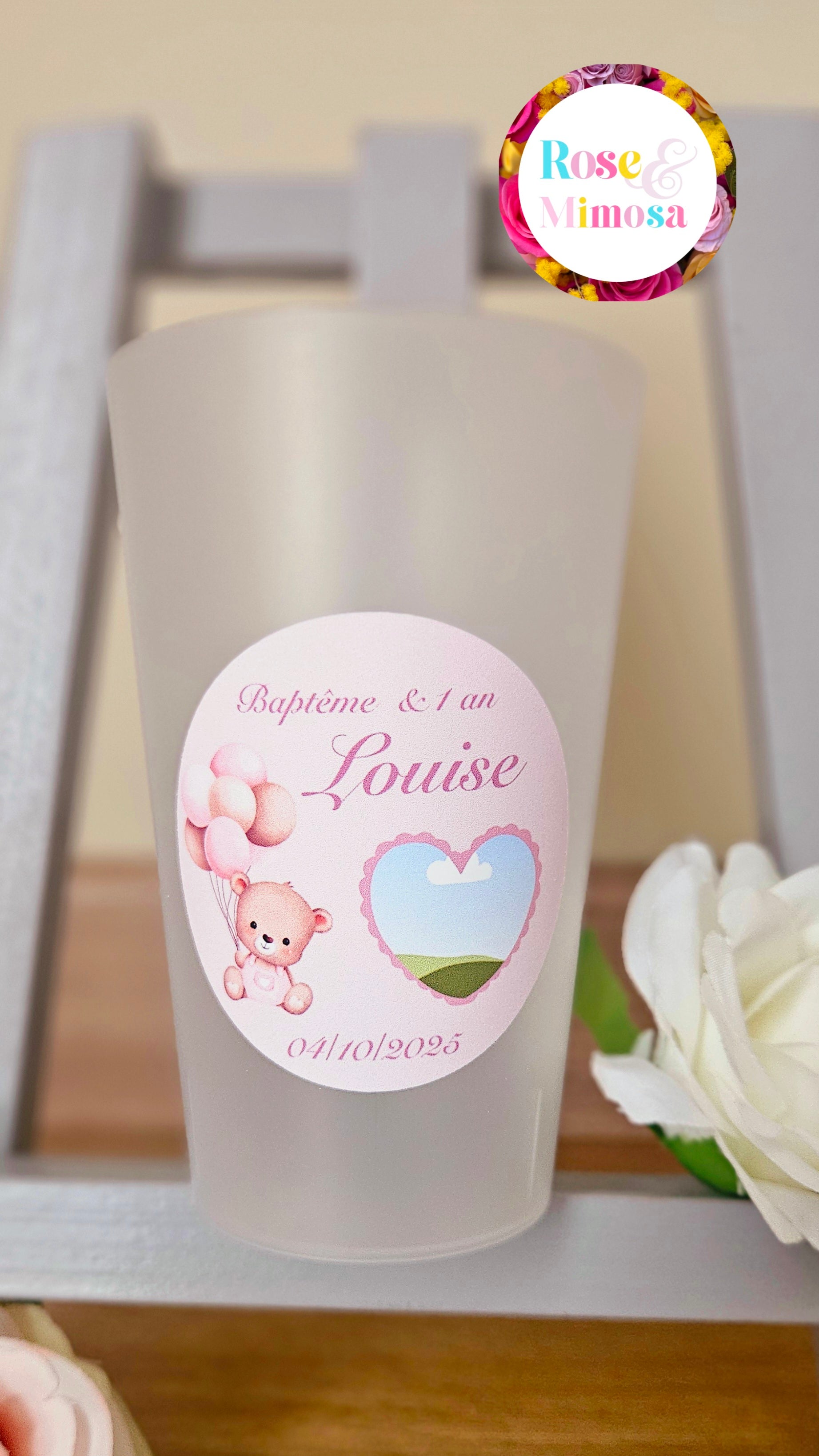 Gobelet Baptême Personnalisé – Ours Rose avec Cœur Photo (25 cl)