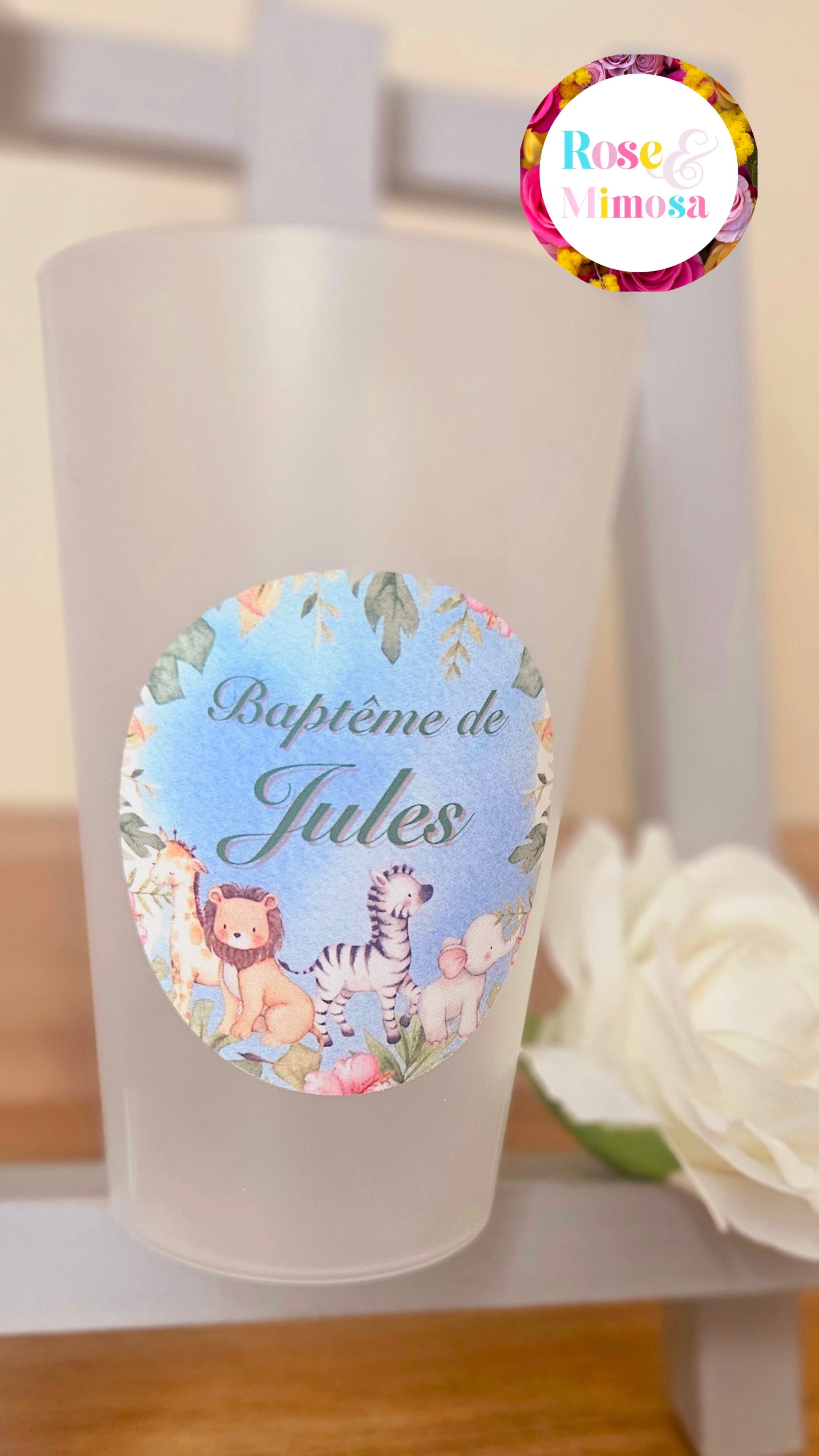 Gobelet Baptême Personnalisé – Animaux de la Jungle Pastel (25 cl)