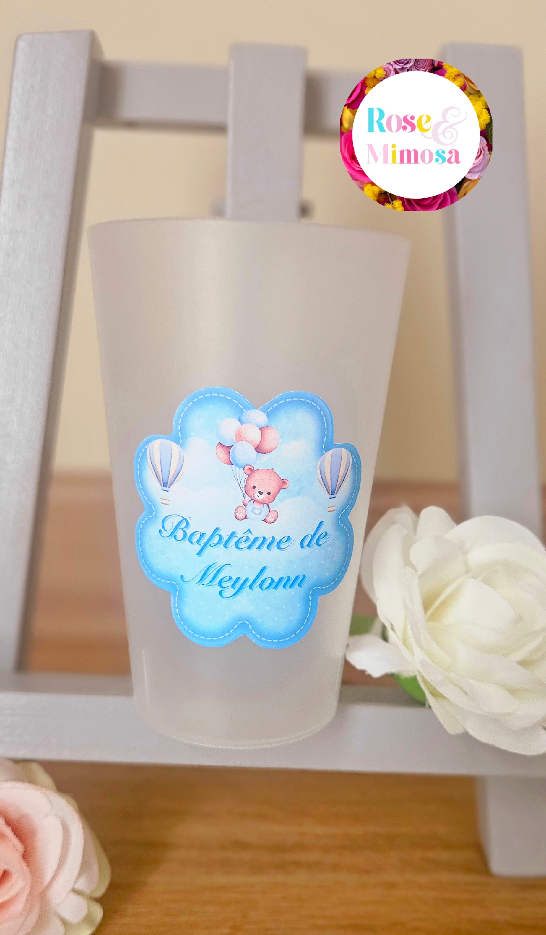 Gobelet Baptême Personnalisé – Ourson Bleu & Montgolfières (25 cl)