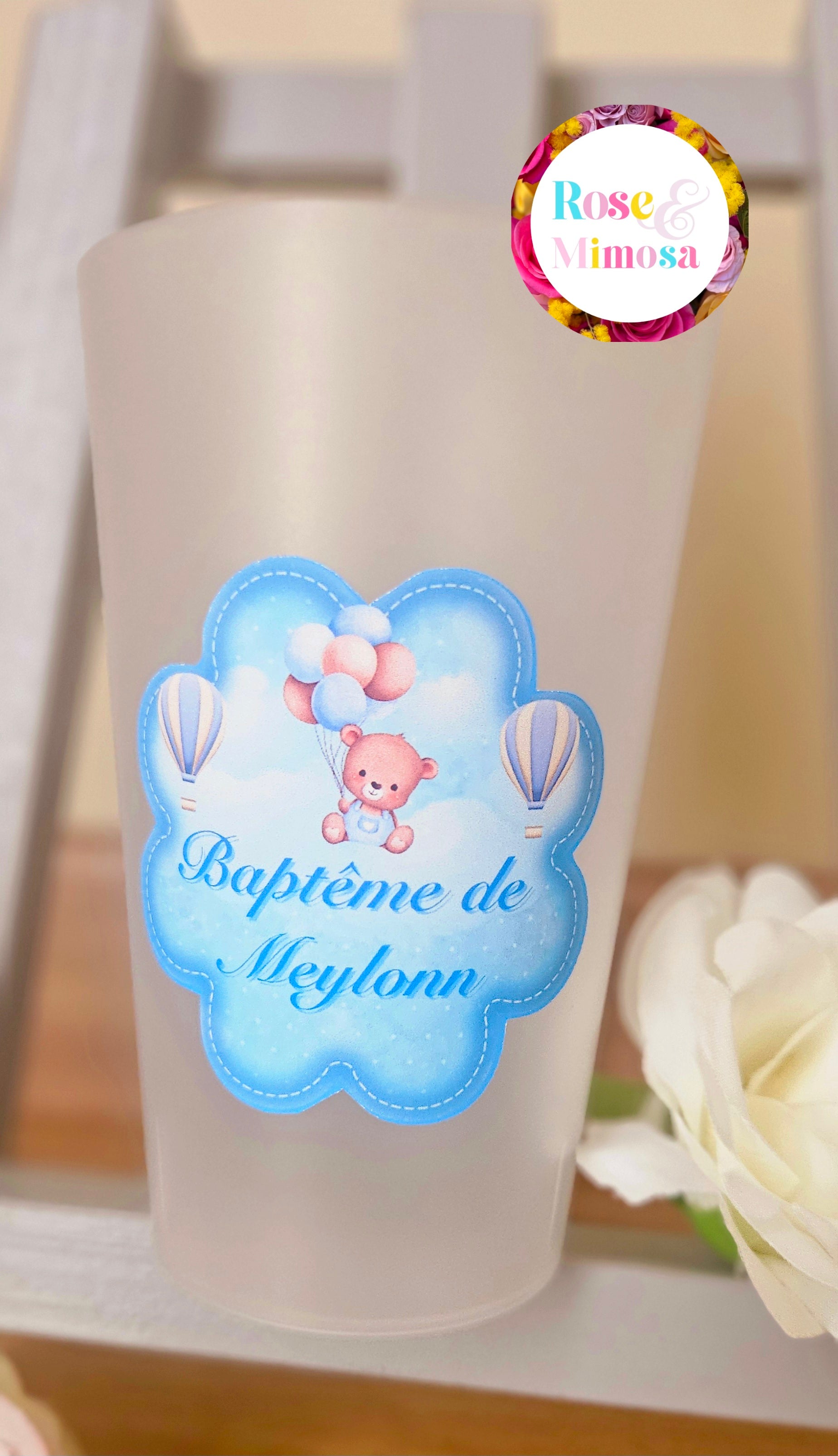 Gobelet Baptême Personnalisé – Ourson Bleu & Montgolfières (25 cl)