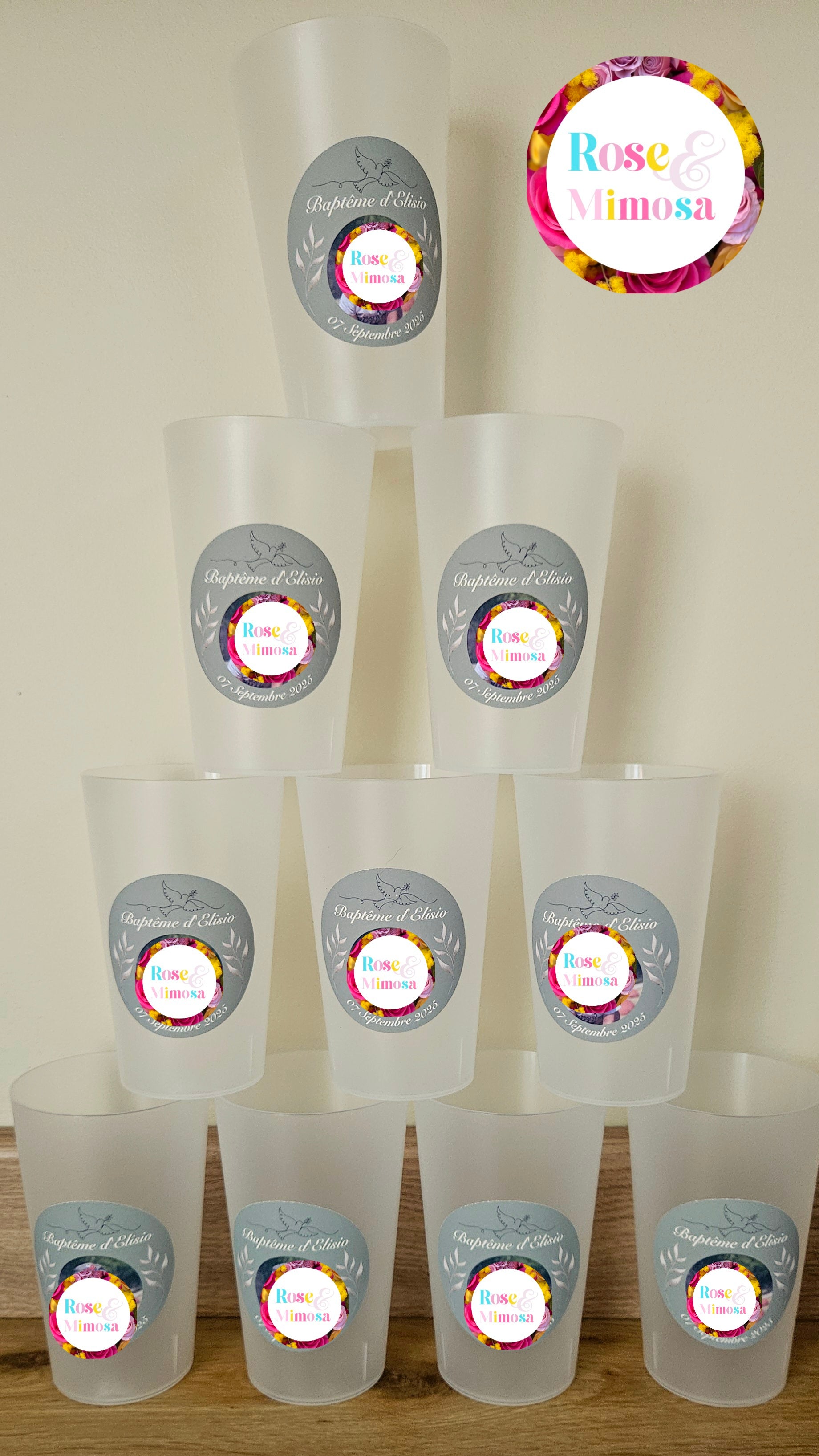 Gobelet Baptême Personnalisé – Colombe, Feuillage & Photo (25 cl)