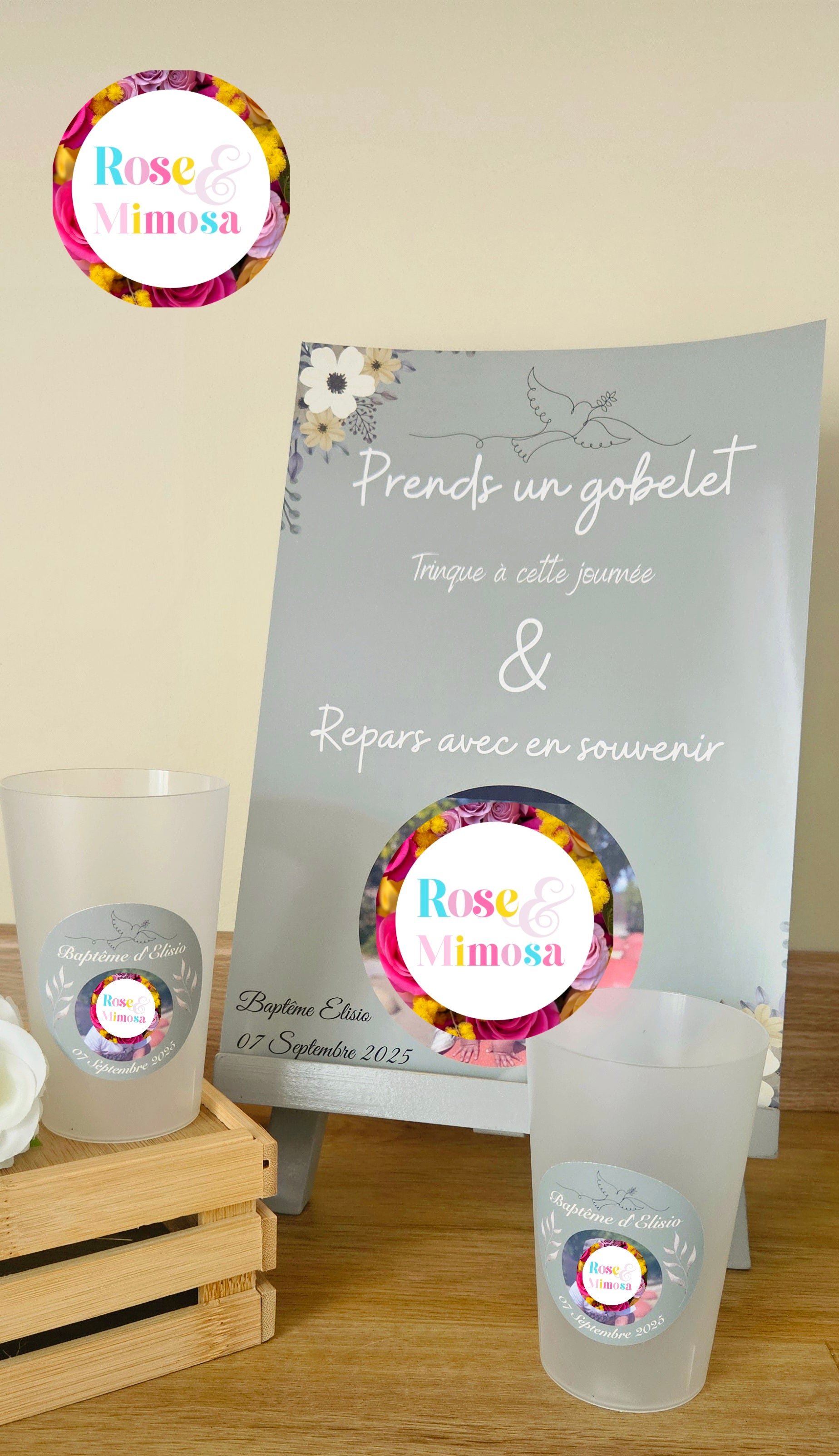 Gobelet Baptême Personnalisé – Colombe, Feuillage & Photo (25 cl)