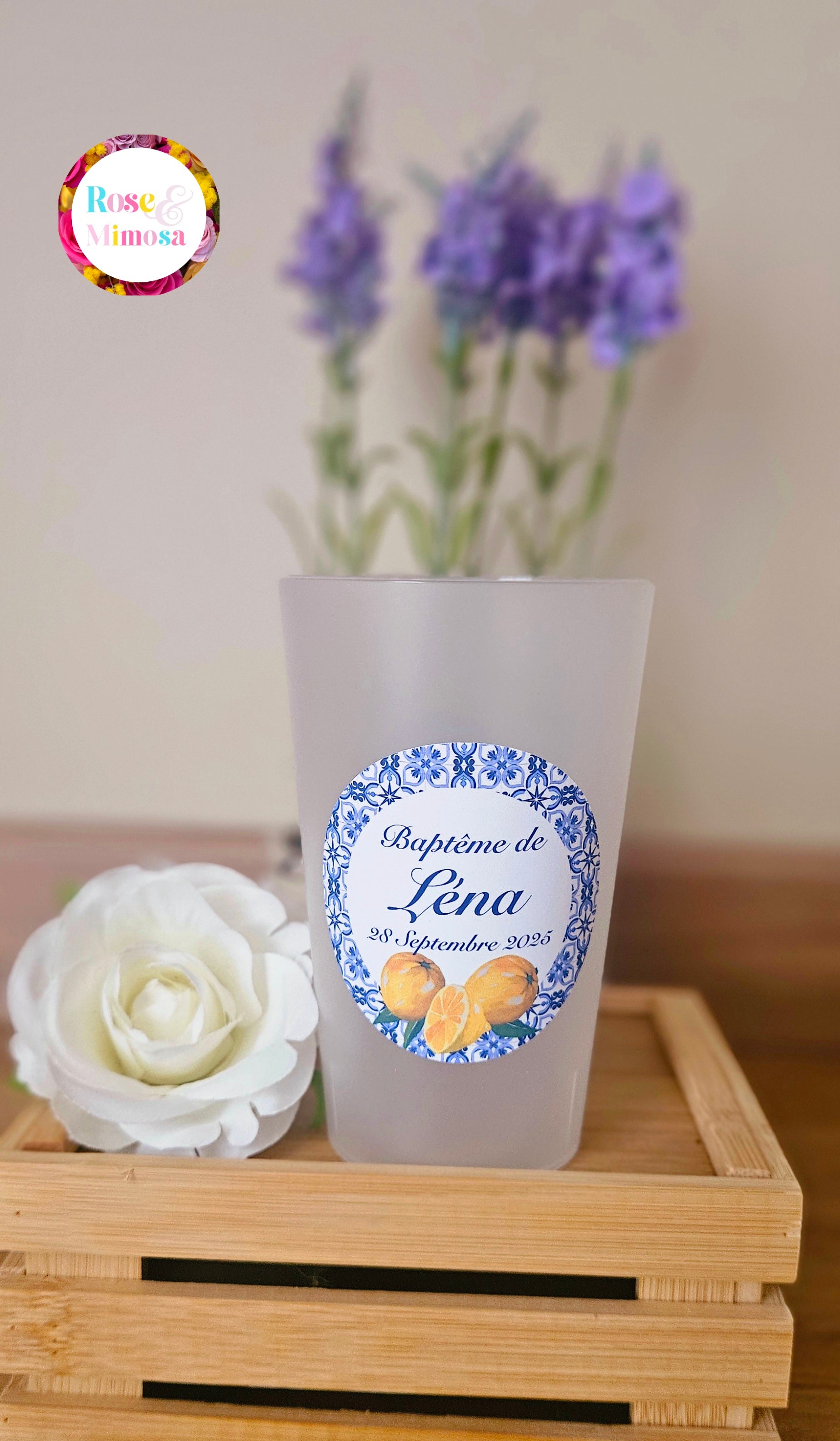 Gobelet Baptême Personnalisé – Thème Dolce Vita & Faïence Bleue (25 cl)