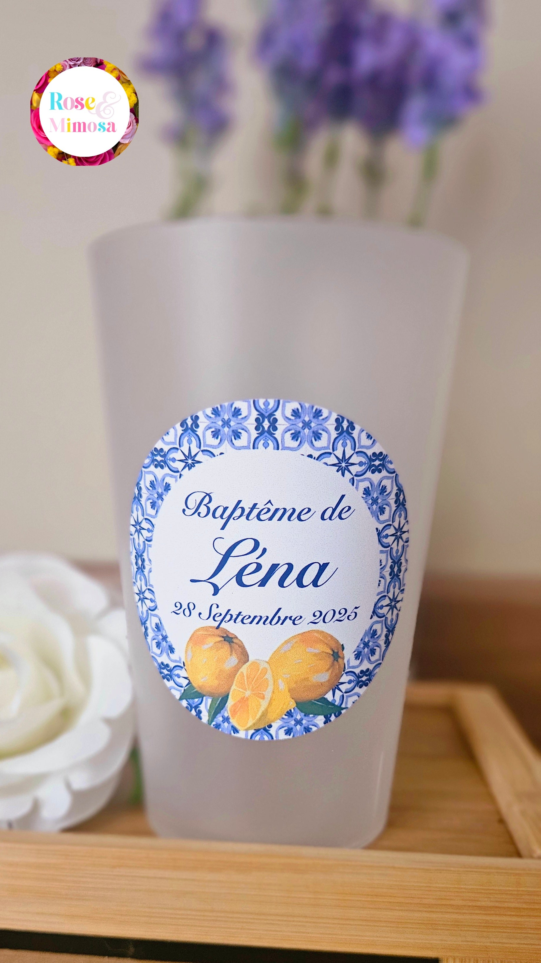 Gobelet Baptême Personnalisé – Thème Dolce Vita & Faïence Bleue (25 cl)