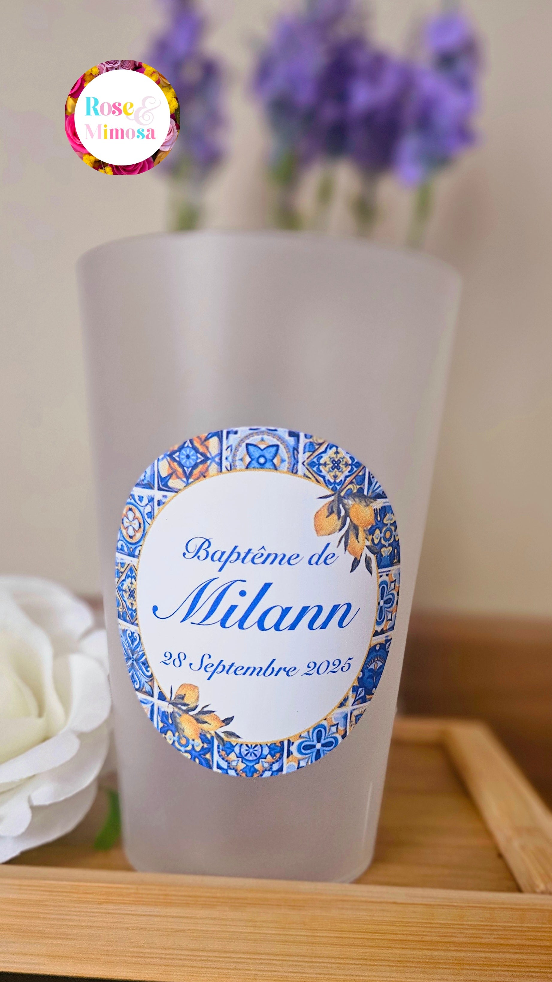 Gobelet Baptême Personnalisé – Citronniers & Carreaux d’Azur (25 cl)