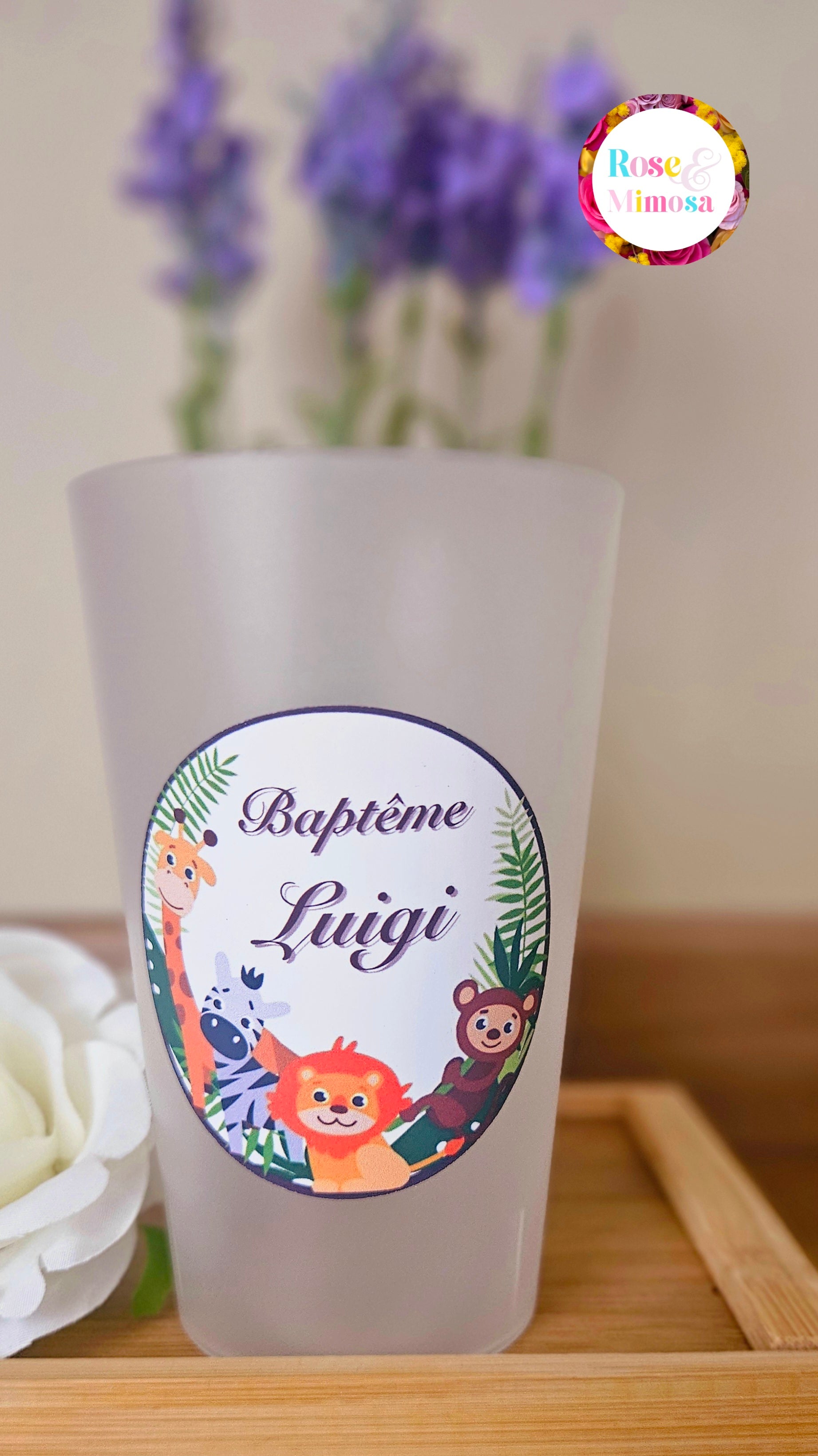 Gobelet Baptême Personnalisé – Animaux de la Jungle (25 cl)