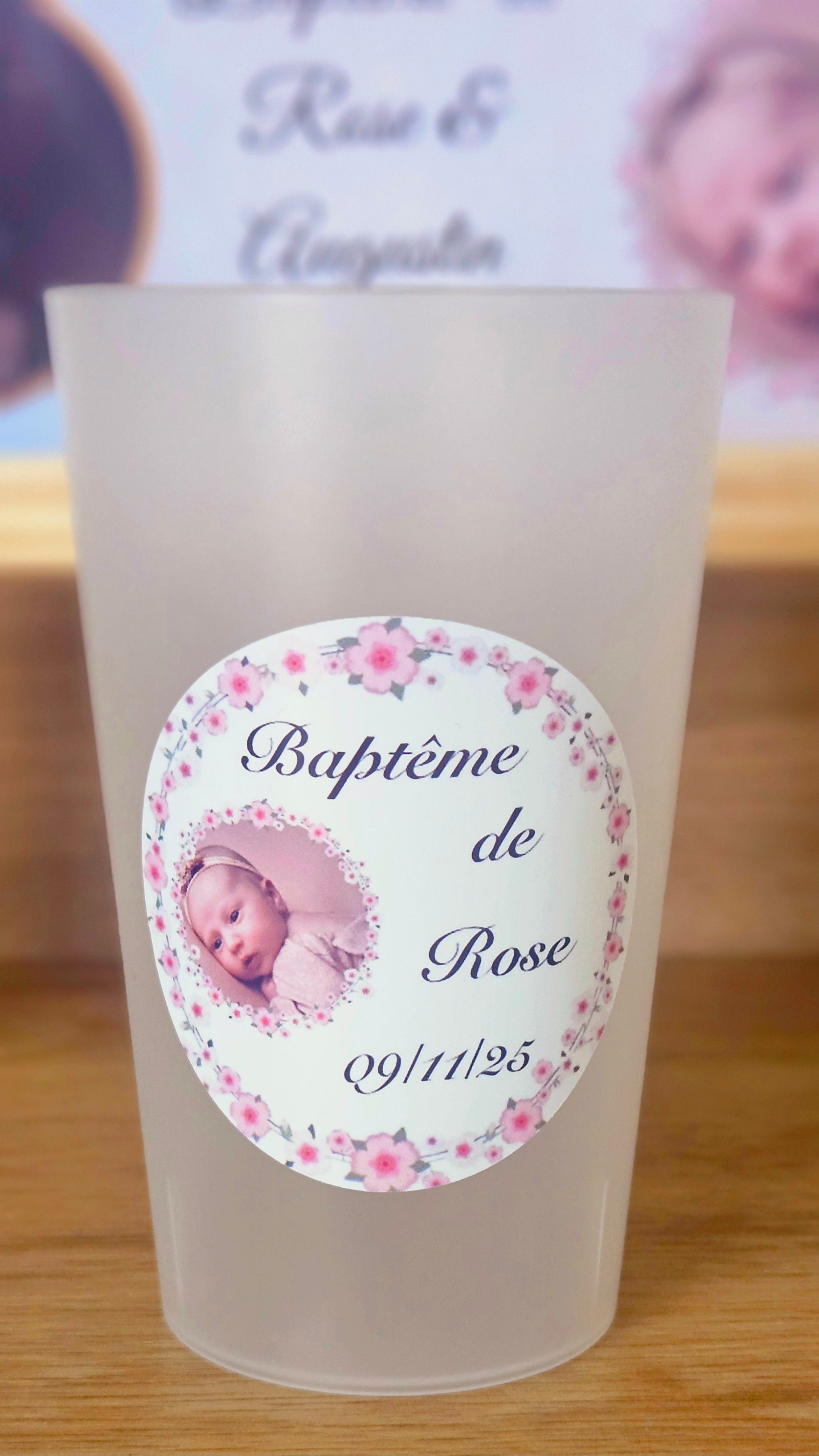 Gobelet baptême – Fleurs roses & photo personnalisée 🌸👶
