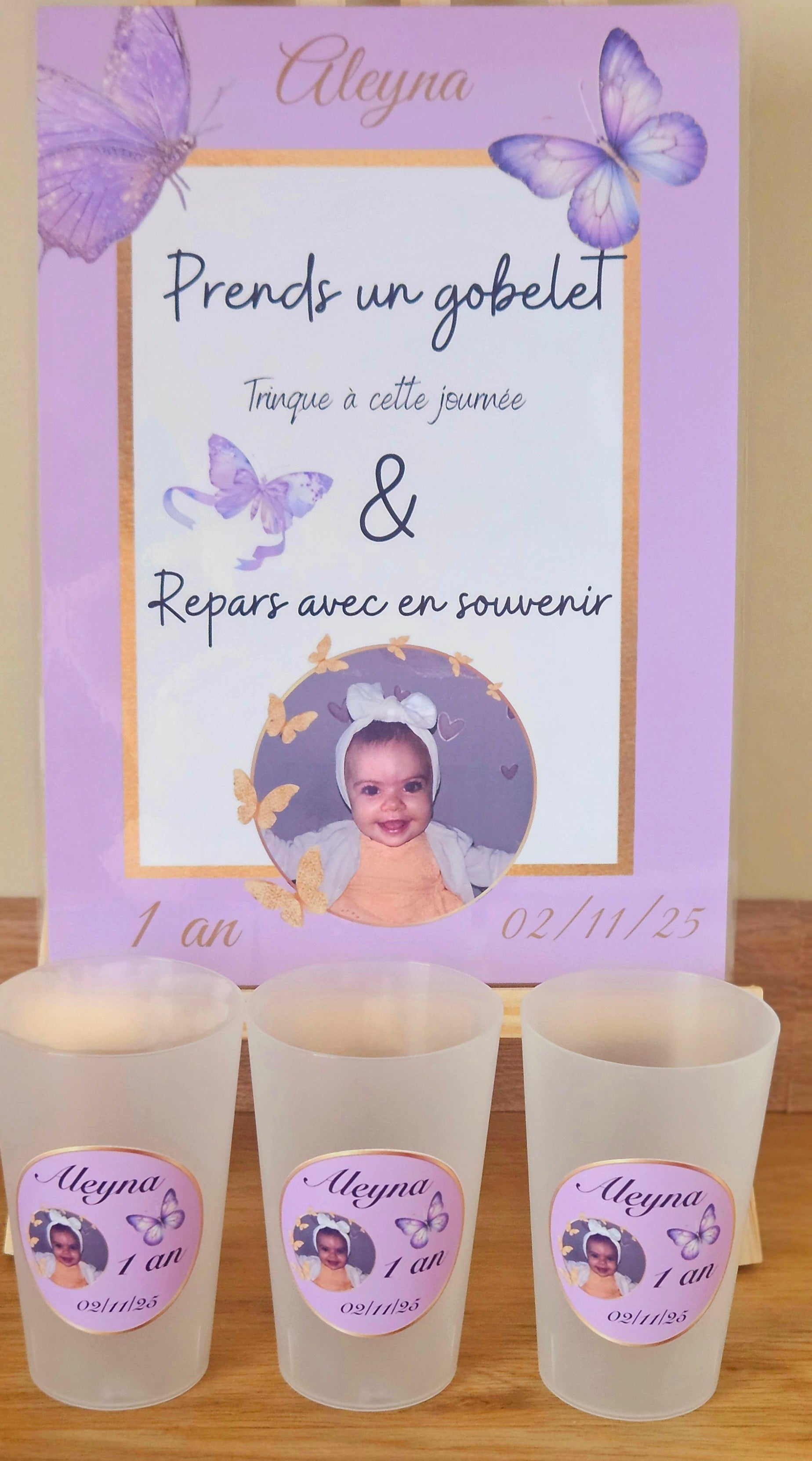 Gobelet anniversaire – Photo, papillons & violet pastel 🦋