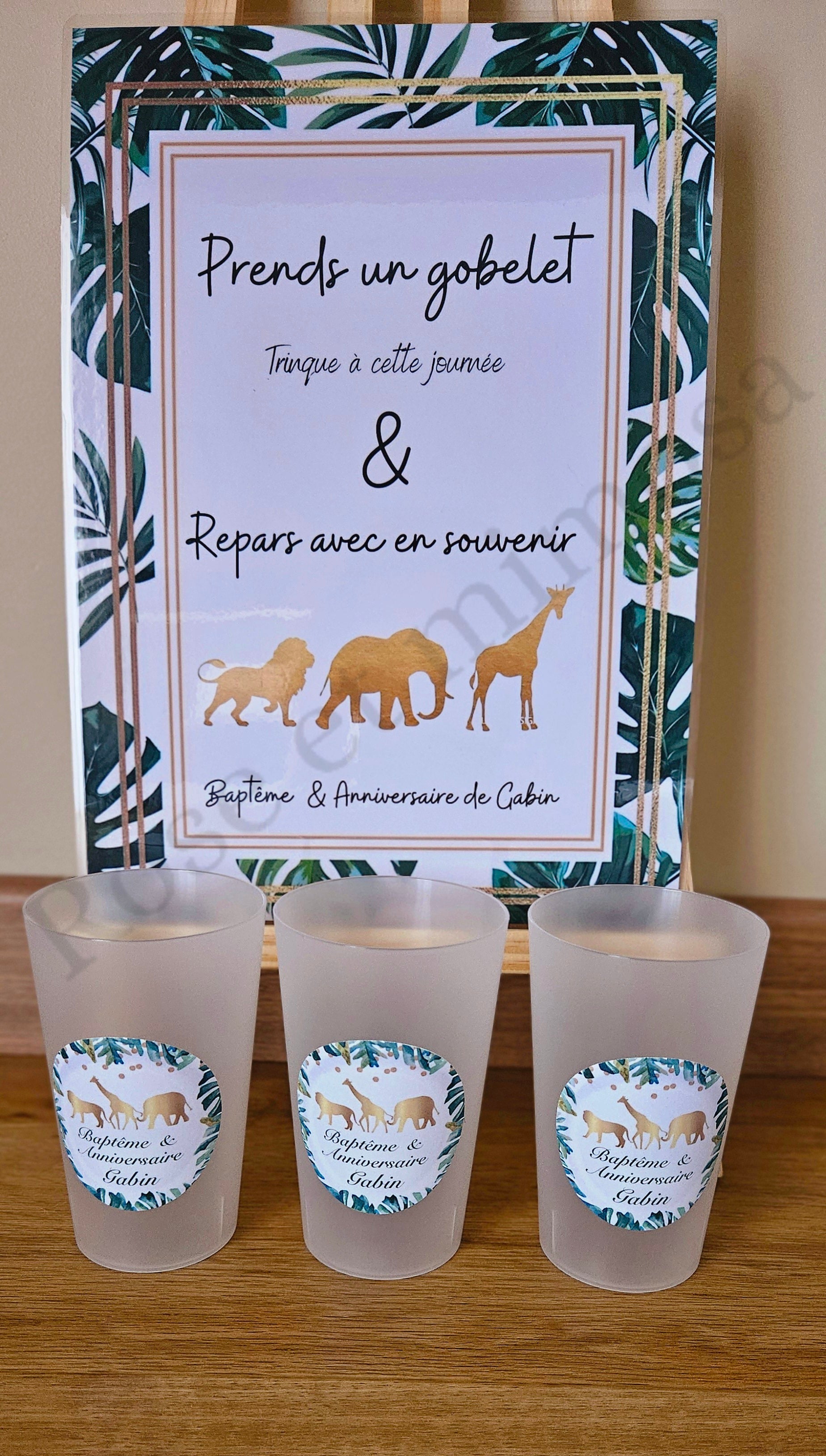 Gobelet Baptême Personnalisé – Safari Chic Doré & Jungle Tropicale (25 cl)