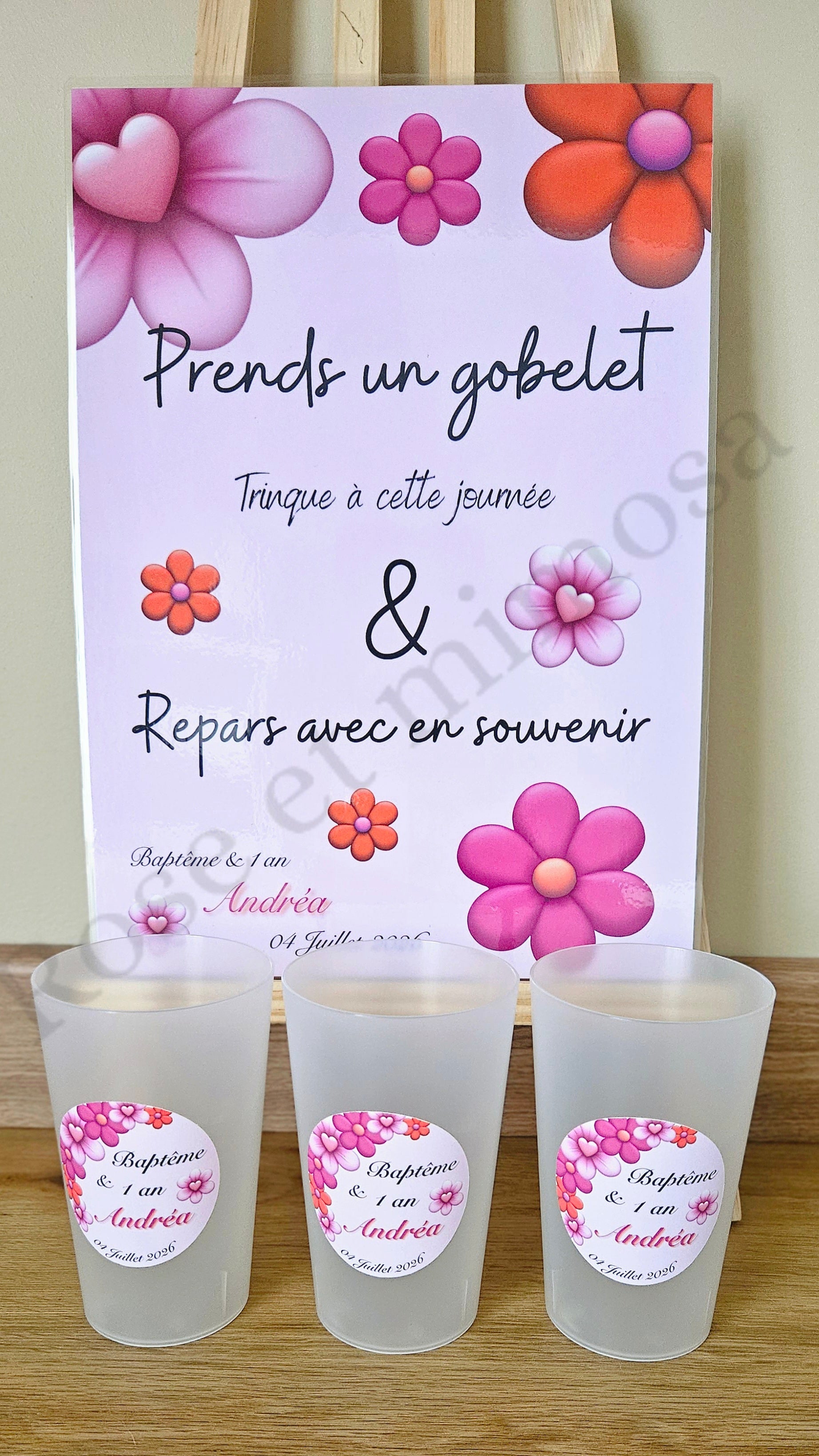 🌸 Gobelet personnalisé baptême & anniversaire enfant – Thème floral rose