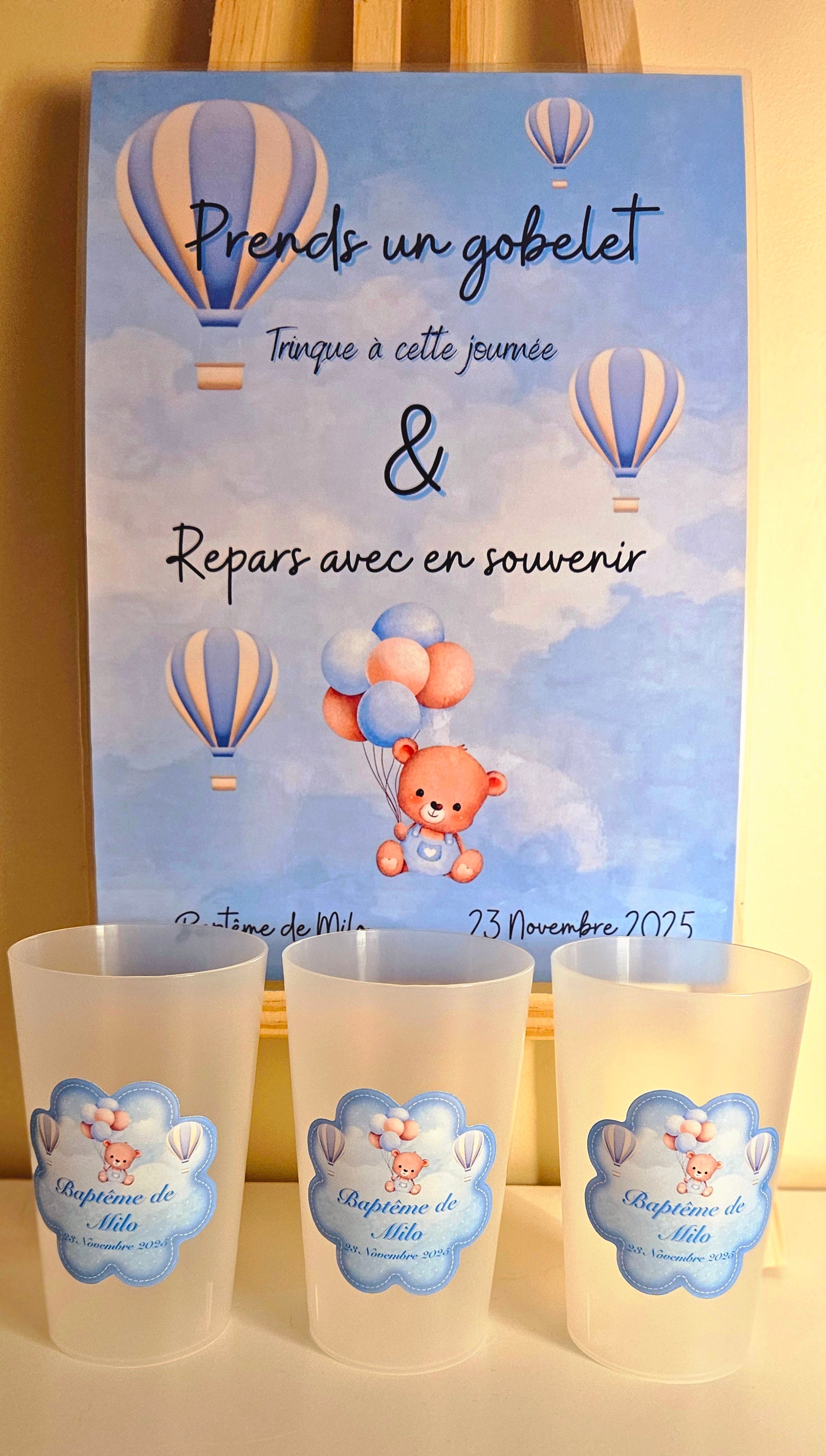 Gobelet Baptême Personnalisé – Ourson Bleu & Montgolfières (25 cl)