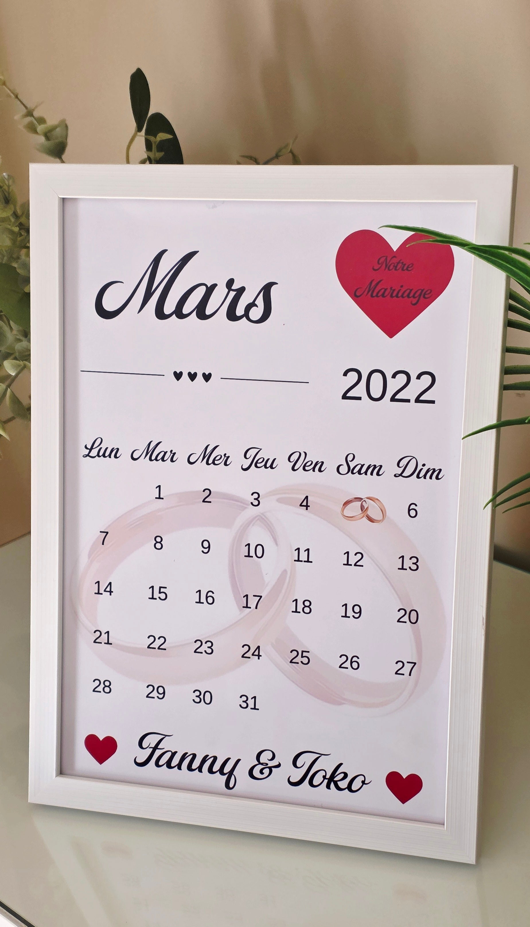 💍 Cadre calendrier personnalisé – Mariage (alliances)