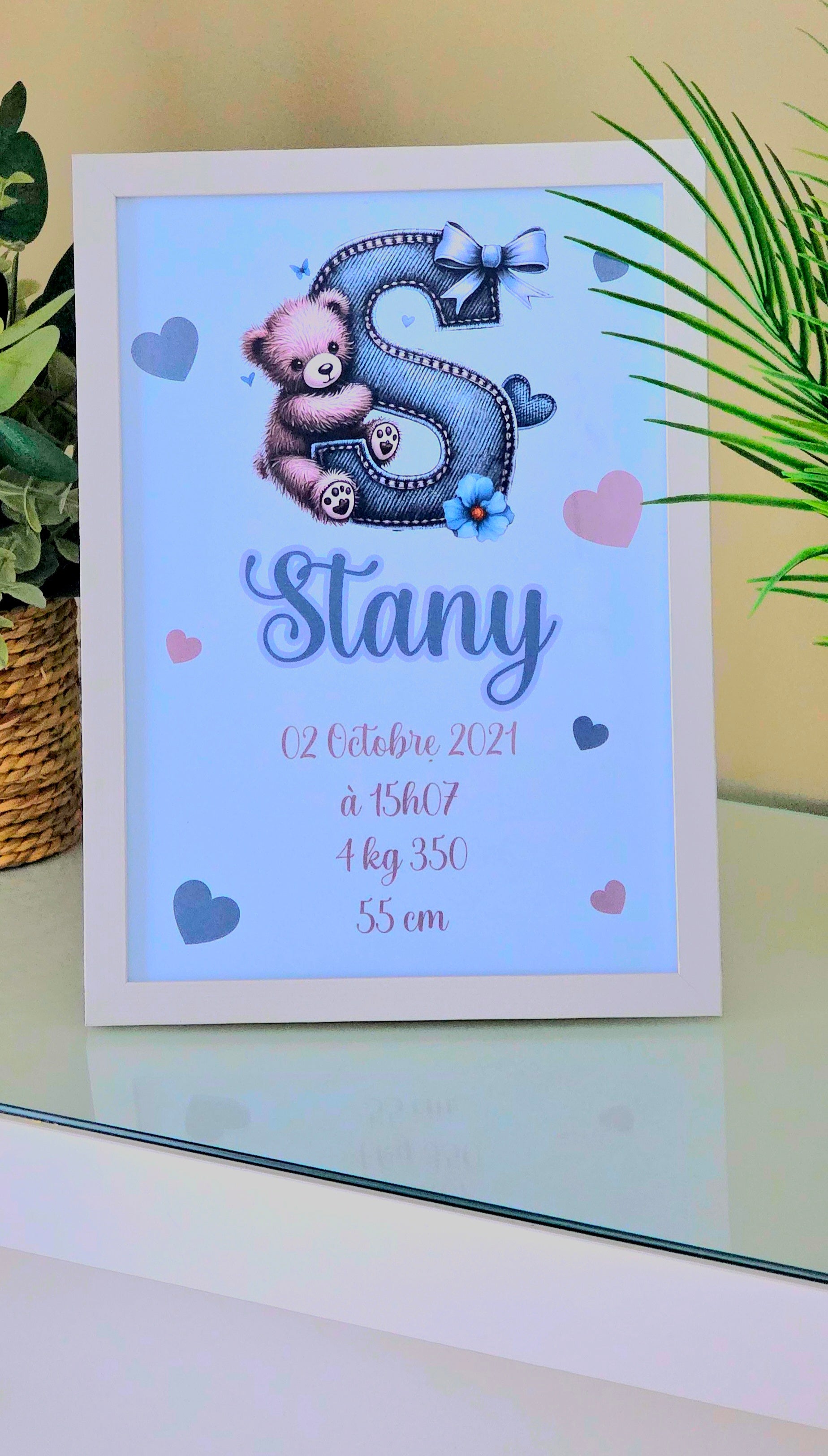 🧸 CADRE INITIAL & OURSON – MODÈLE S (bleu)