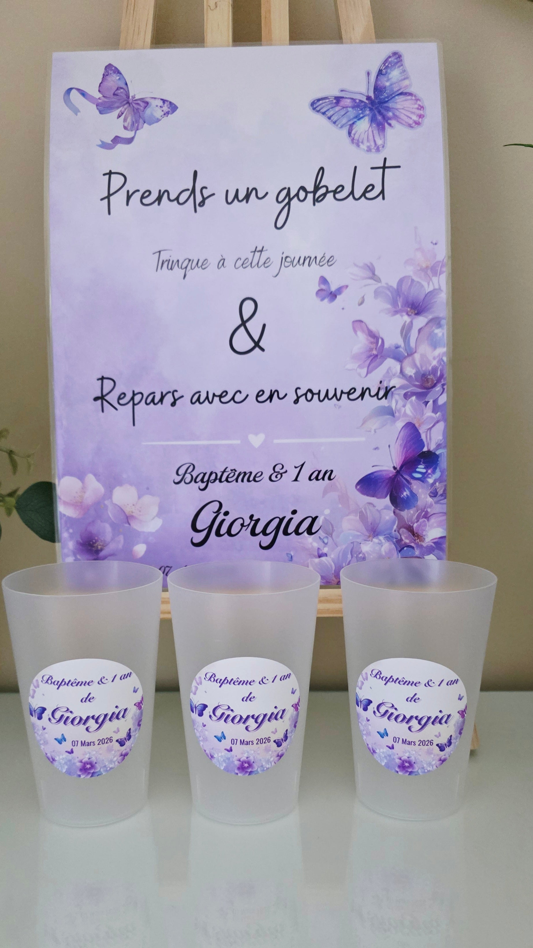 Gobelet Baptême & 1 An Personnalisé – Papillons Violets & Fleurs Lavande (25 cl)