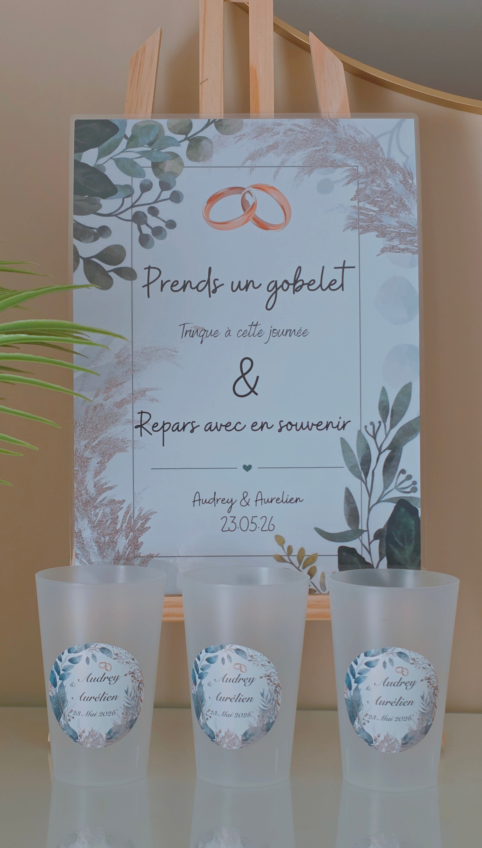 🌿 Gobelet réutilisable personnalisé mariage – Eucalyptus & vert sauge